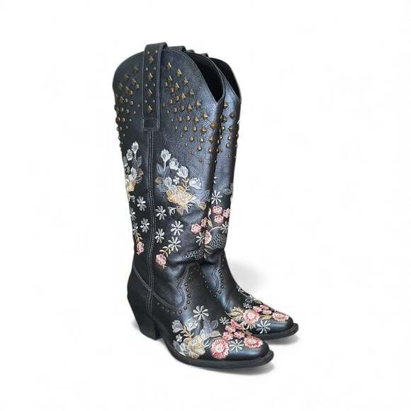 Dingo Shoes - Dingo Women's Poppy Graphite Floral Embroidered Studded Snip Toe Cowboy Boots